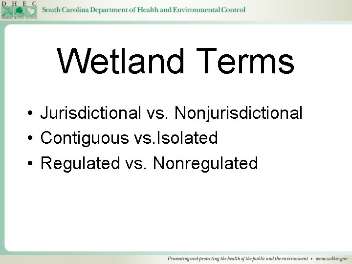 Wetland Terms • Jurisdictional vs. Nonjurisdictional • Contiguous vs. Isolated • Regulated vs. Nonregulated