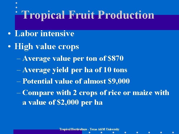 Tropical Fruit Production • Labor intensive • High value crops – Average value per