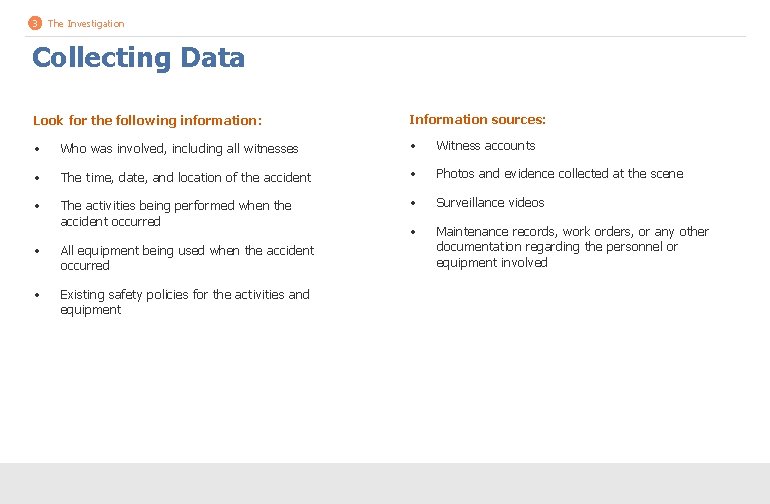 3 The Investigation Collecting Data Look for the following information: Information sources: • Who