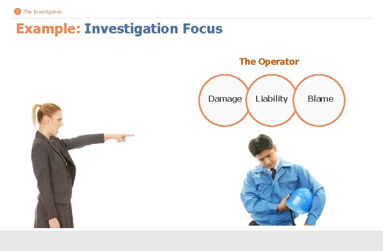 3 The Investigation Example: Investigation Focus The Operator Damage Liability Blame 