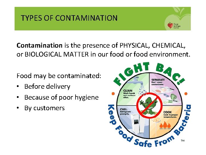 TYPES OF CONTAMINATION Contamination is the presence of PHYSICAL, CHEMICAL, or BIOLOGICAL MATTER in