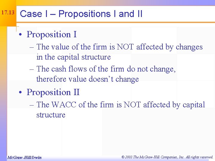 17. 13 Case I – Propositions I and II • Proposition I – The