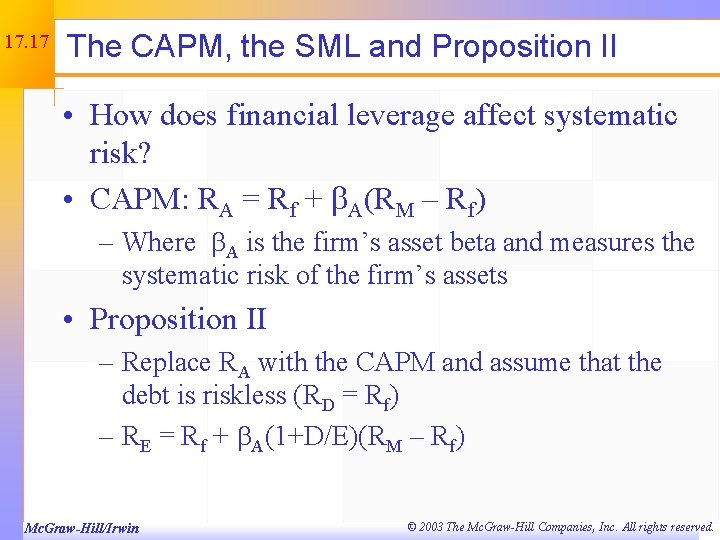 17. 17 The CAPM, the SML and Proposition II • How does financial leverage