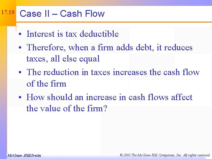 17. 19 Case II – Cash Flow • Interest is tax deductible • Therefore,