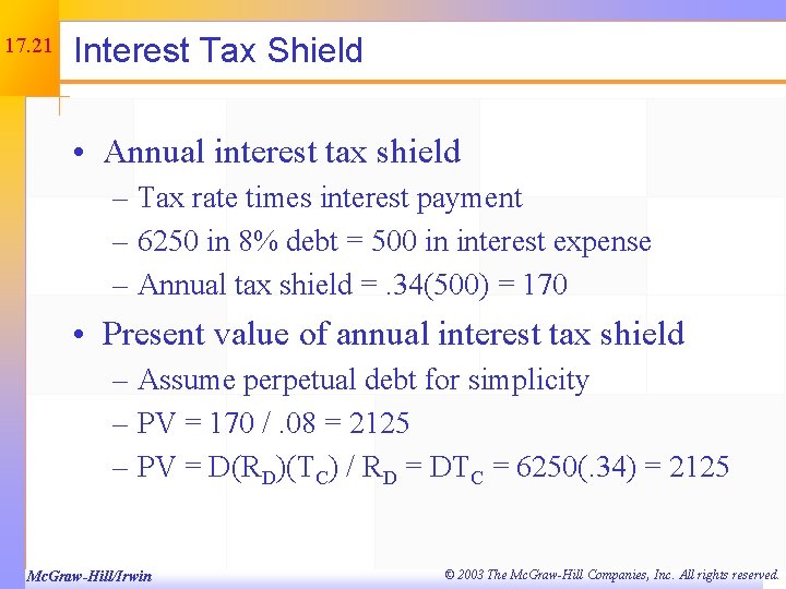 17. 21 Interest Tax Shield • Annual interest tax shield – Tax rate times
