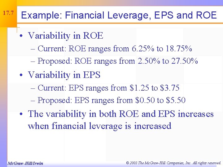 17. 7 Example: Financial Leverage, EPS and ROE • Variability in ROE – Current: