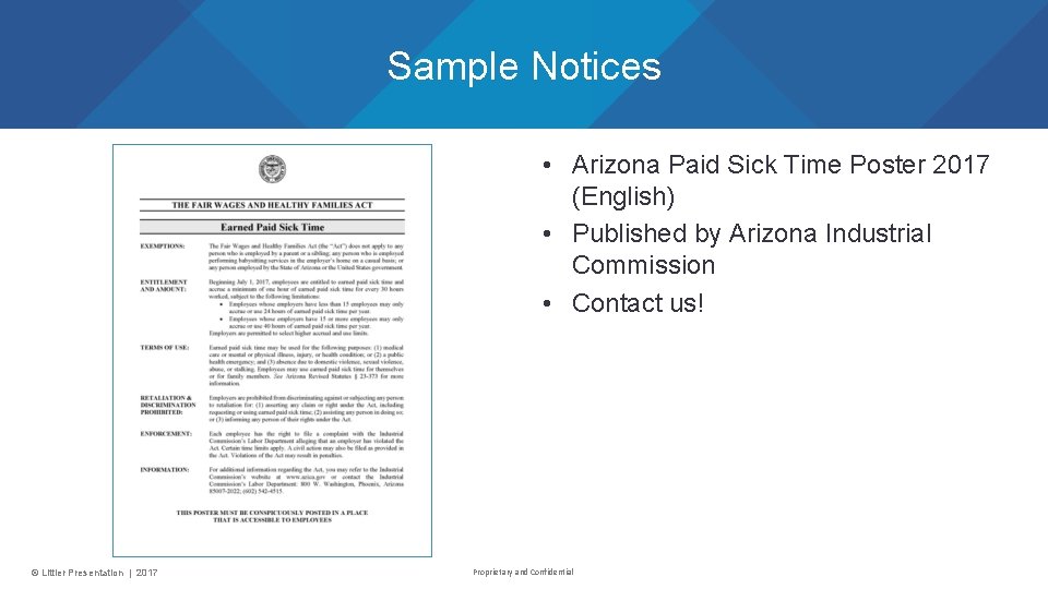 Sample Notices • Arizona Paid Sick Time Poster 2017 (English) • Published by Arizona