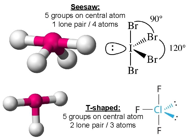 Seesaw: 5 groups on central atom 1 lone pair / 4 atoms T-shaped: 5