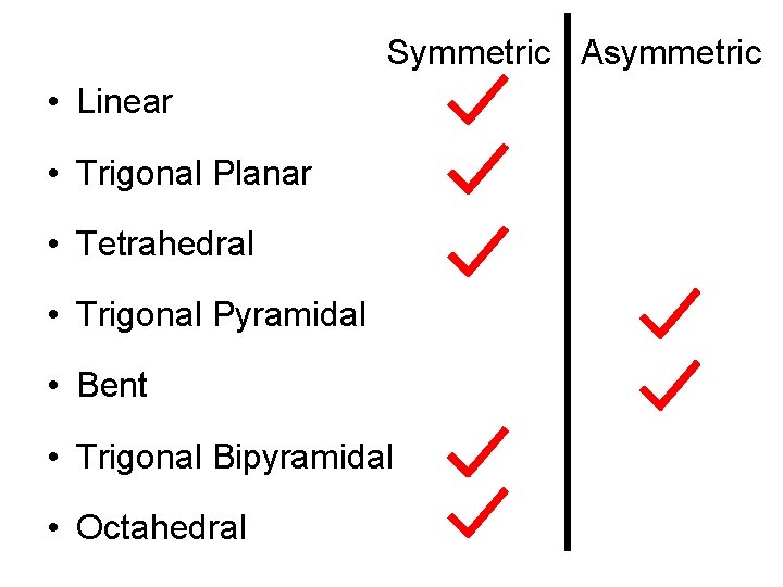 Symmetric Asymmetric • Linear • Trigonal Planar • Tetrahedral • Trigonal Pyramidal • Bent