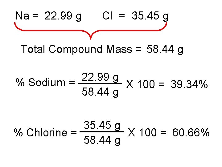 Na = 22. 99 g Cl = 35. 45 g Total Compound Mass =