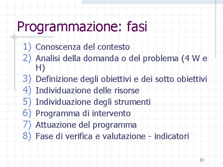 Programmazione: fasi 1) Conoscenza del contesto 2) Analisi della domanda o del problema (4