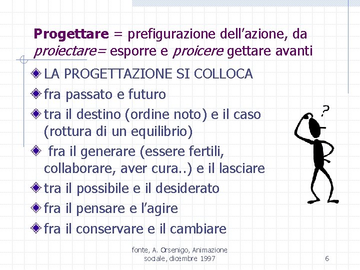 Progettare = prefigurazione dell’azione, da proiectare= esporre e proicere gettare avanti LA PROGETTAZIONE SI