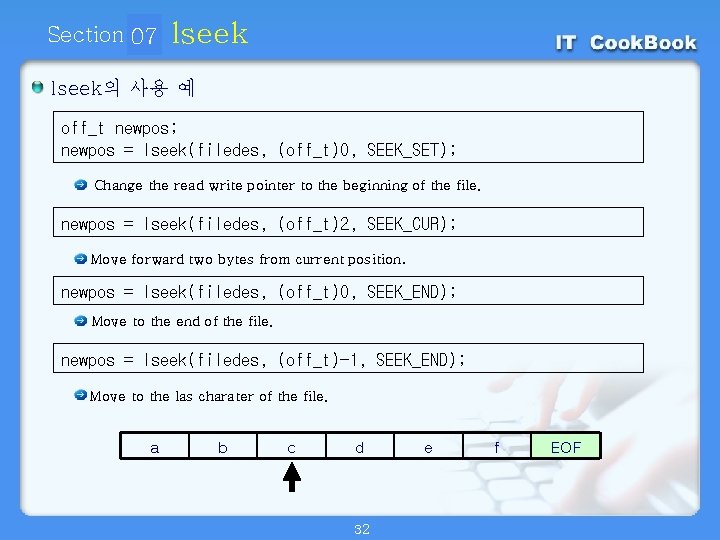 Section 07 01 lseek의 사용 예 off_t newpos; newpos = lseek(filedes, (off_t)0, SEEK_SET); Change