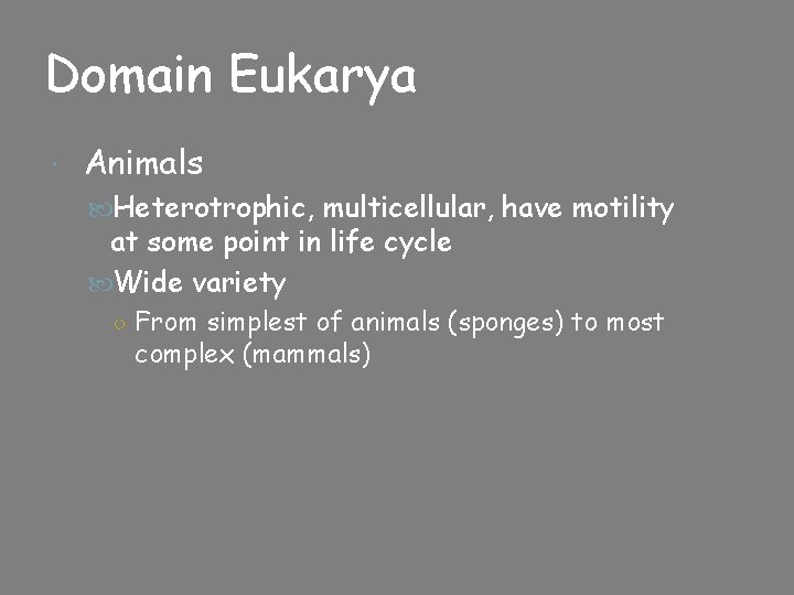 Domain Eukarya Animals Heterotrophic, multicellular, have motility at some point in life cycle Wide