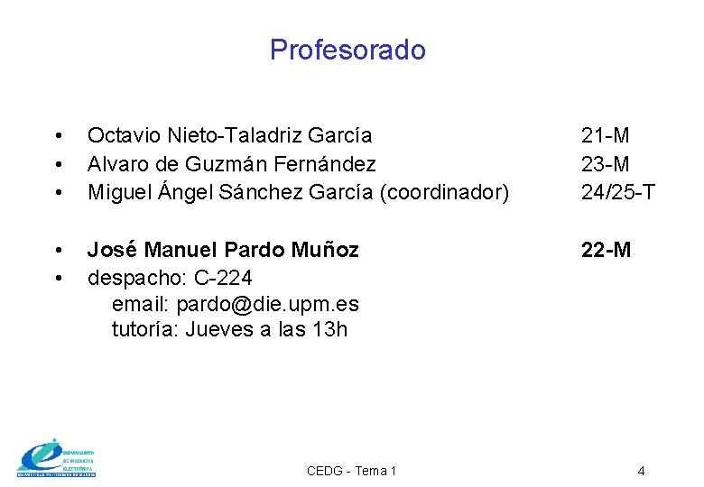 Profesorado • • • Octavio Nieto-Taladriz García Alvaro de Guzmán Fernández Miguel Ángel Sánchez