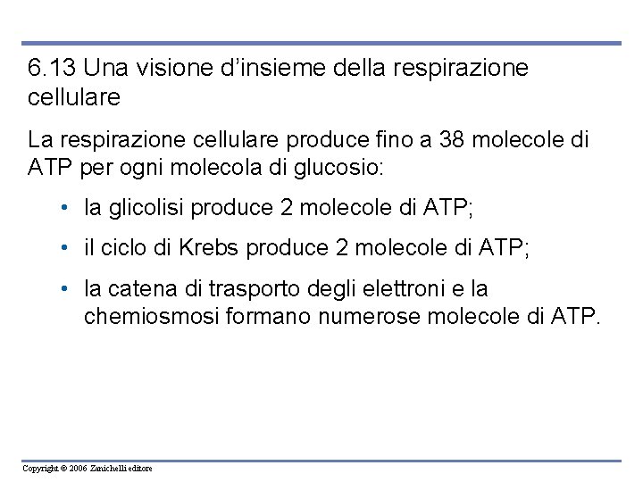 6. 13 Una visione d’insieme della respirazione cellulare La respirazione cellulare produce fino a