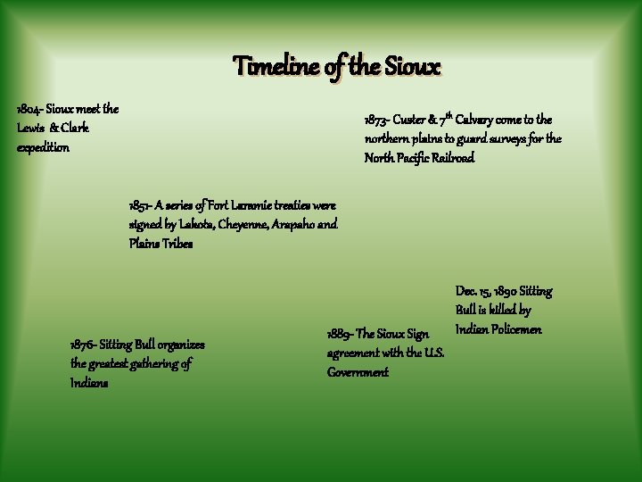 Timeline of the Sioux 1804 - Sioux meet the Lewis & Clark expedition 1873