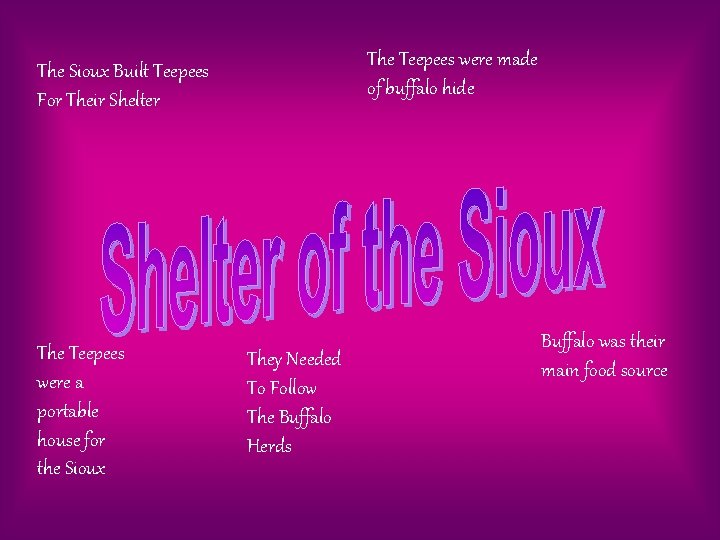 The Teepees were made of buffalo hide The Sioux Built Teepees For Their Shelter