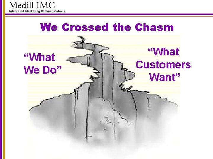 We Crossed the Chasm “What We Do” “What Customers Want” 