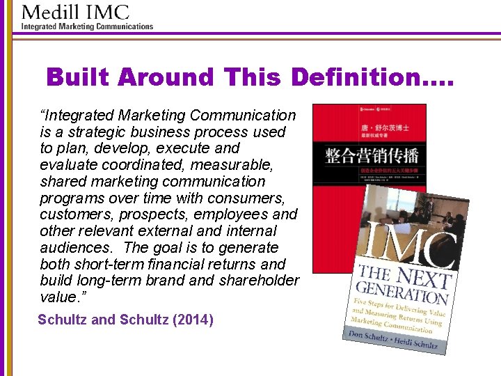 Built Around This Definition…. “Integrated Marketing Communication is a strategic business process used to
