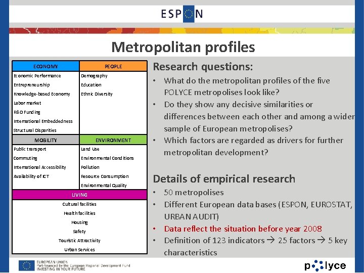 Metropolitan profiles ECONOMY PEOPLE Economic Performance Demography Entrepreneurship Education Knowledge-based Economy Ethnic Diversity Labor