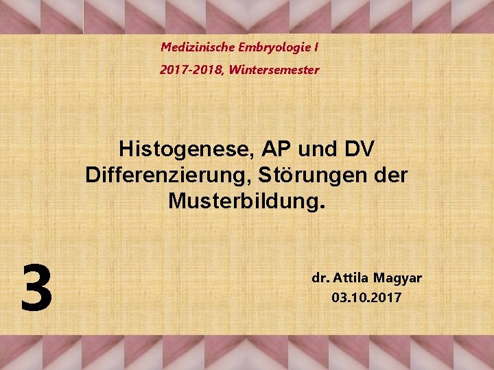 Medizinische Embryologie I 2017 -2018, Wintersemester Histogenese, AP und DV Differenzierung, Störungen der Musterbildung.