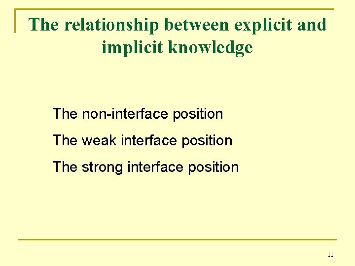 The relationship between explicit and implicit knowledge The non-interface position The weak interface position