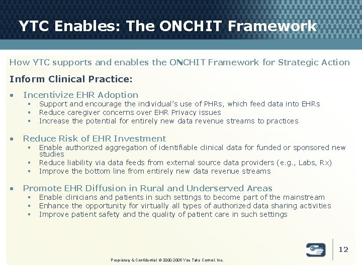 YTC Enables: The ONCHIT Framework How YTC supports and enables the ONCHIT Framework for