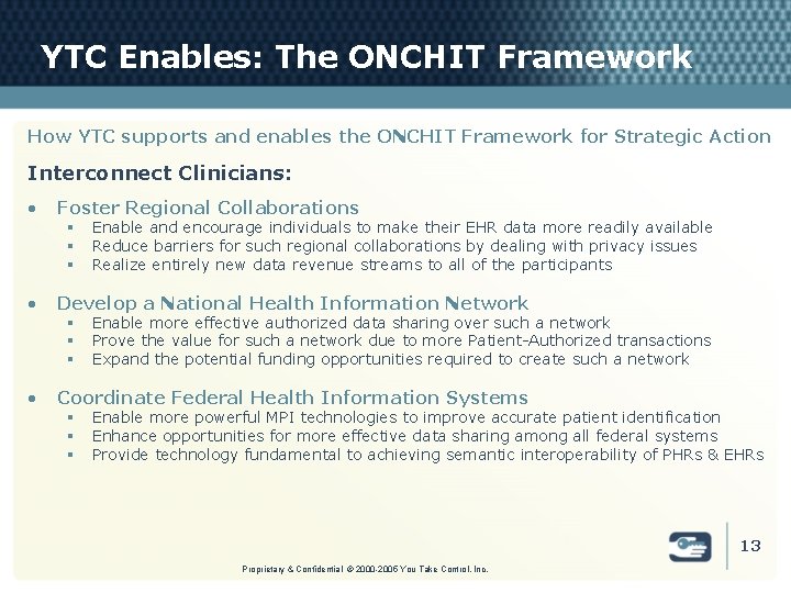 YTC Enables: The ONCHIT Framework How YTC supports and enables the ONCHIT Framework for