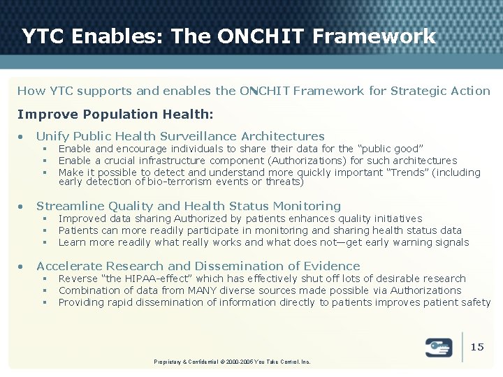 YTC Enables: The ONCHIT Framework How YTC supports and enables the ONCHIT Framework for
