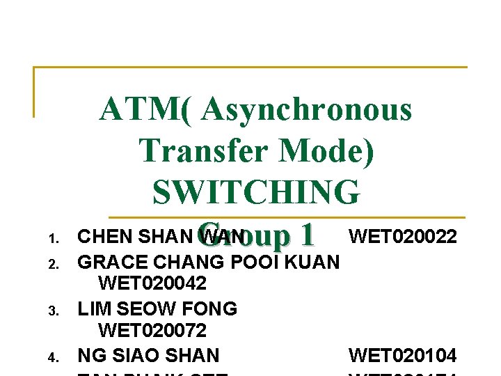1. 2. 3. 4. ATM( Asynchronous Transfer Mode) SWITCHING CHEN SHAN Group WAN 1