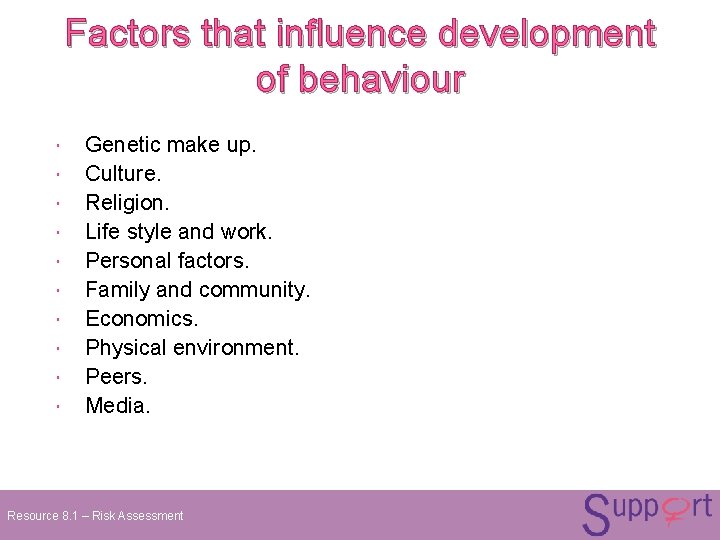 Factors that influence development of behaviour Genetic make up. Culture. Religion. Life style and Factors that influence development of behaviour Genetic make up. Culture. Religion. Life style and
