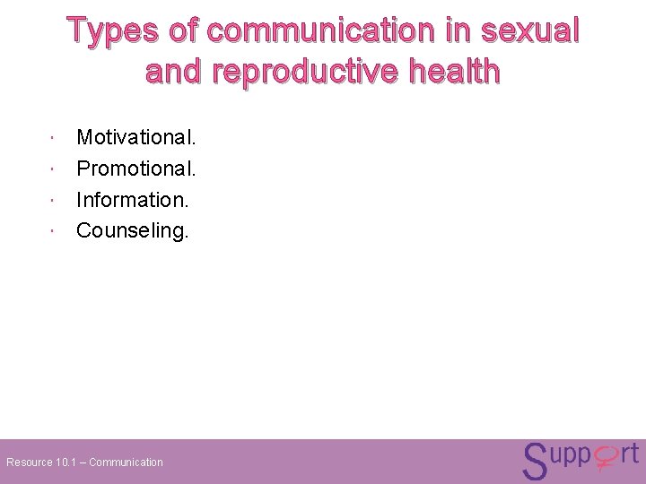 Types of communication in sexual and reproductive health Motivational. Promotional. Information. Counseling. Resource 10. Types of communication in sexual and reproductive health Motivational. Promotional. Information. Counseling. Resource 10.