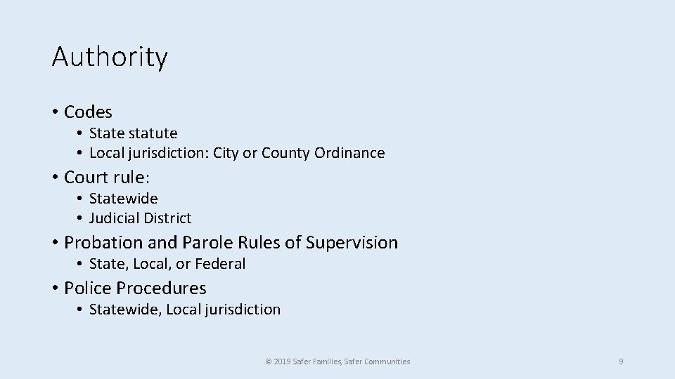 Authority • Codes • State statute • Local jurisdiction: City or County Ordinance •