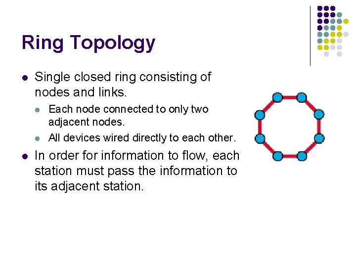 Ring Topology l Single closed ring consisting of nodes and links. l l l