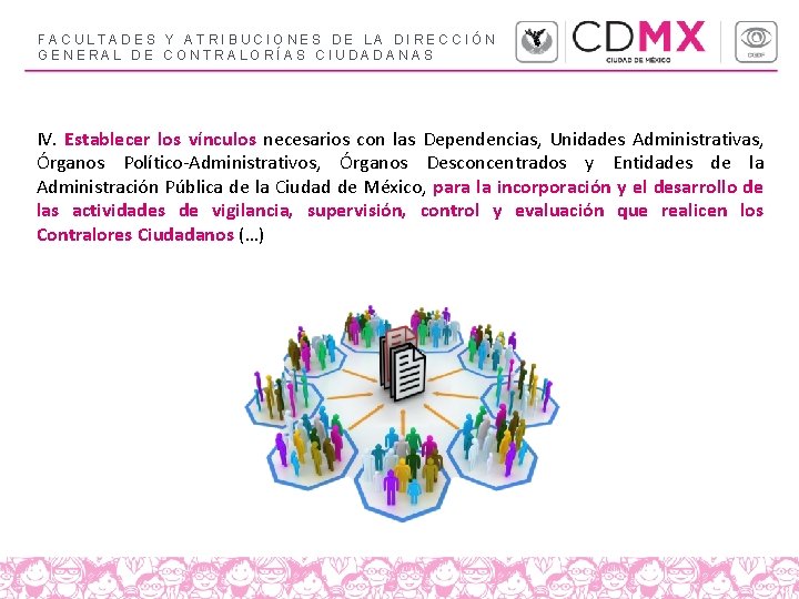 FACULTADES Y ATRIBUCIONES DE LA DIRECCIÓN GENERAL DE CONTRALORÍAS CIUDADANAS IV. Establecer los vínculos FACULTADES Y ATRIBUCIONES DE LA DIRECCIÓN GENERAL DE CONTRALORÍAS CIUDADANAS IV. Establecer los vínculos