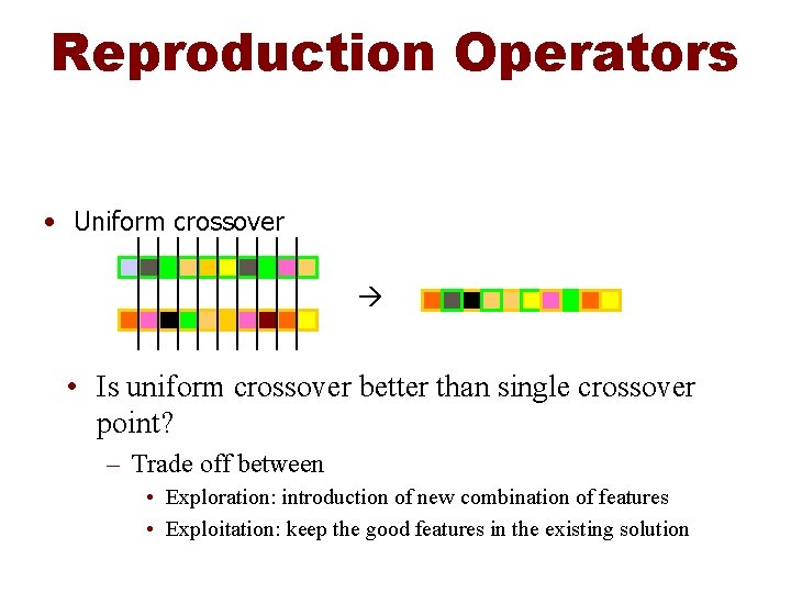 Reproduction Operators • Uniform crossover • Is uniform crossover better than single crossover point?