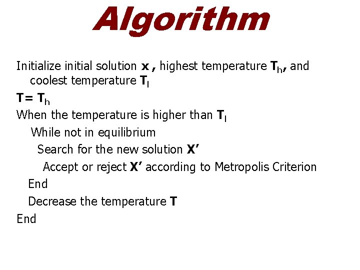 Algorithm Initialize initial solution x , highest temperature Th, and coolest temperature Tl T=