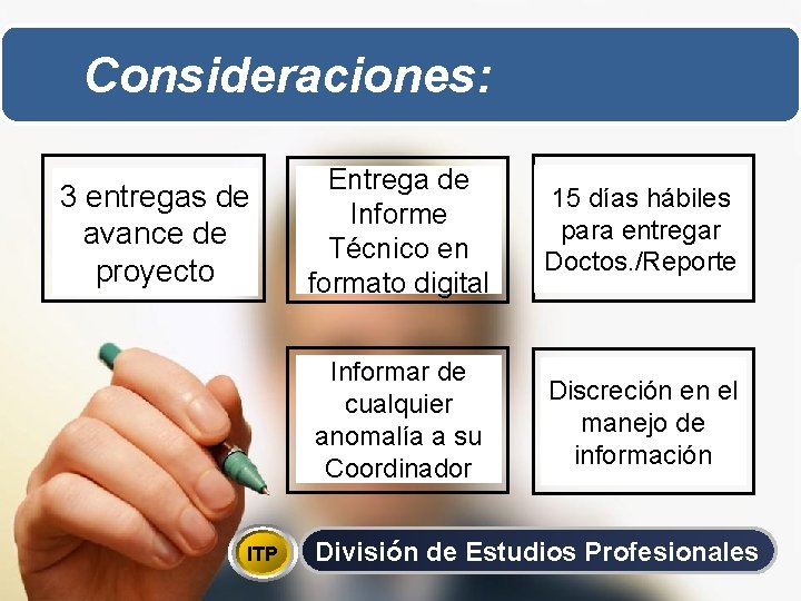 Consideraciones: 3 entregas de avance de proyecto ITP Entrega de Informe Técnico en formato