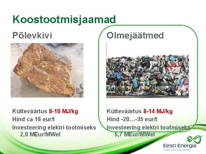 Koostootmisjaamad Põlevkivi Olmejäätmed Kütteväärtus 8 -10 MJ/kg Hind ca 16 eur/t Investeering elektri tootmiseks