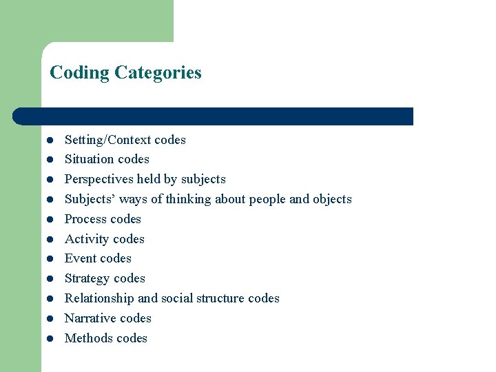 Coding Categories l l l Setting/Context codes Situation codes Perspectives held by subjects Subjects’