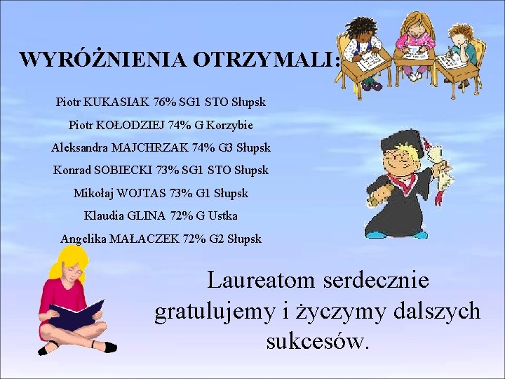 WYRÓŻNIENIA OTRZYMALI: Piotr KUKASIAK 76% SG 1 STO Słupsk Piotr KOŁODZIEJ 74% G Korzybie