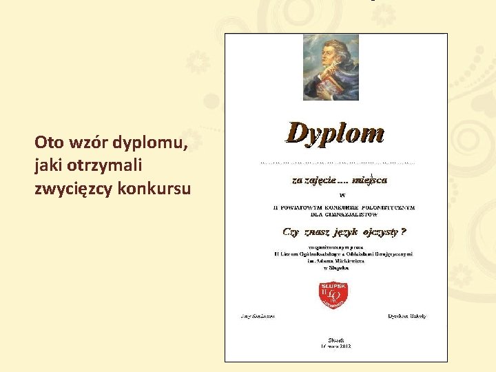 Oto wzór dyplomu, jaki otrzymali zwycięzcy konkursu 