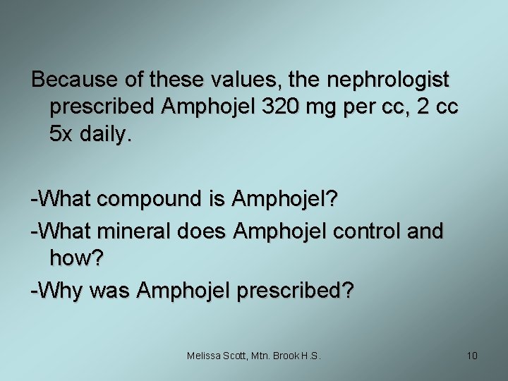 Because of these values, the nephrologist prescribed Amphojel 320 mg per cc, 2 cc
