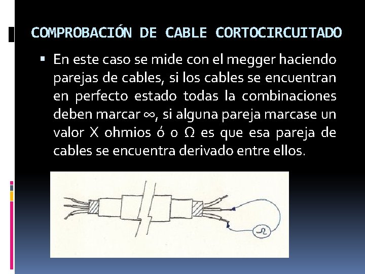 COMPROBACIÓN DE CABLE CORTOCIRCUITADO En este caso se mide con el megger haciendo parejas