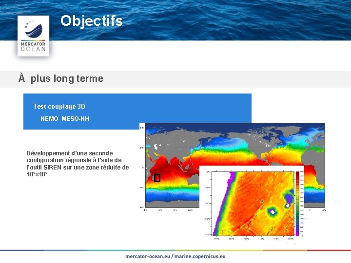 Objectifs À plus long terme Test couplage 3 D NEMO MESO-NH Développement d’une seconde