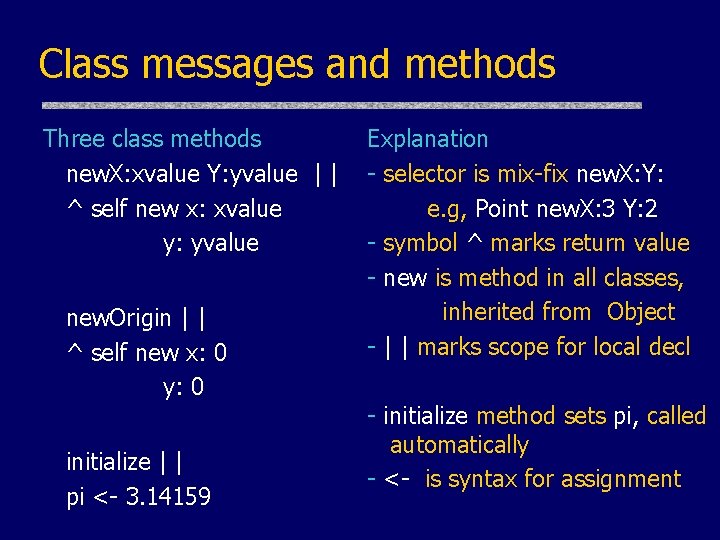 Class messages and methods Three class methods new. X: xvalue Y: yvalue | | Class messages and methods Three class methods new. X: xvalue Y: yvalue | |