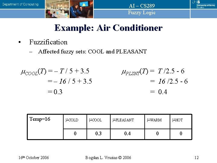 AI – CS 289 Fuzzy Logic Example: Air Conditioner • Fuzzification – Affected fuzzy
