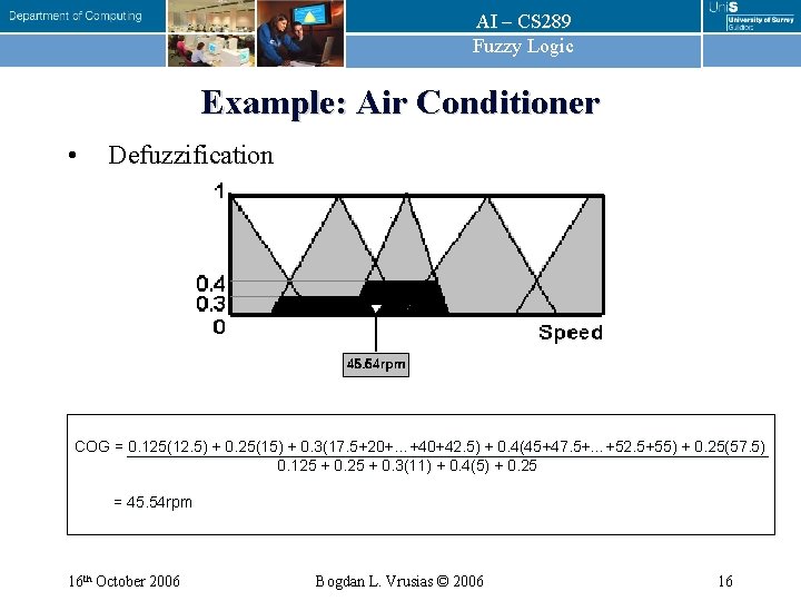 AI – CS 289 Fuzzy Logic Example: Air Conditioner • Defuzzification COG = 0.