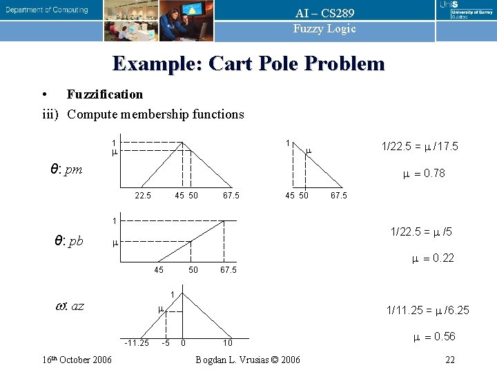 AI – CS 289 Fuzzy Logic Example: Cart Pole Problem • Fuzzification iii) Compute